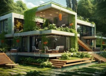 An artistic representation of a modern house designed with sustainable ...