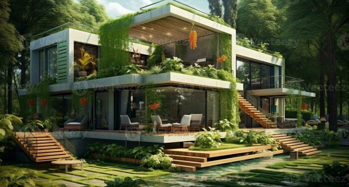 An artistic representation of a modern house designed with sustainable ...